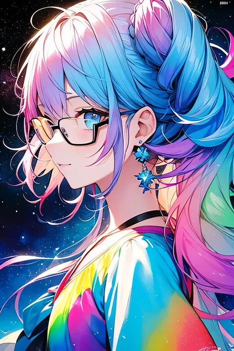 (Masterpiece, Top Quality, Best Quality, Watercolor (Medium), Official Art, Beautiful and Aesthetic: 1.2), (1 Girl: 1.3), (Fractal Art: 1.3), Upper Body, From the Side, Watching the Viewer, Pattern, (Iridescent Hair, Colorful Hair, Half Blue and Half Pink ...