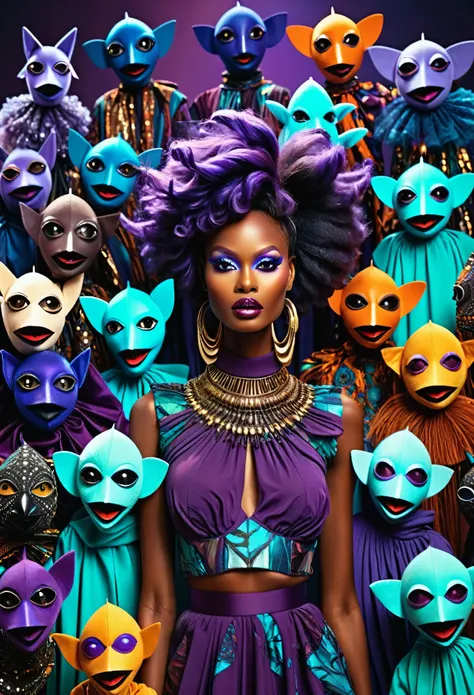 African model surrounded by fashionista wodden puppets, intergalactic background, mostly dark purple, aqua and dark tones palette, horror fractal style.