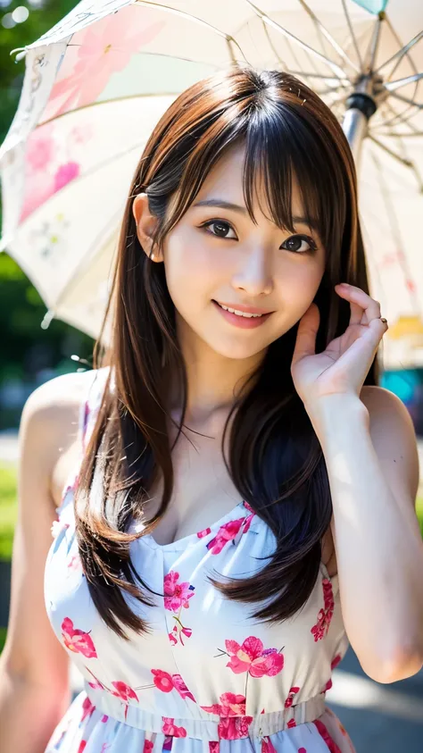 (Best-quality, Masterpiece, Ultra-High-Resolution, (Photorealistic:1.4), Raw Photo,  depth of field, professional lighting, perfect anatomy, extremely details), 1girl, the most famous Japanese idol, at Japanese summer-street, wearing summer dress with cute...