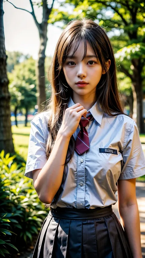 Lakeside park with sunlight shining through the trees, (school uniform, shirt, skirt),  japanese girl, , skinny body, flat chest, extremely cute face, extremely ultra detailed face, extremely ultra real skin, extremely ultra detailed eyes, extremely ultra ...