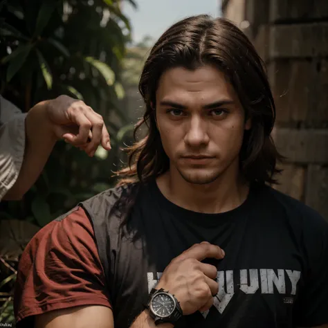 A imagem mostra dois personagens sentados um ao lado do outro. On the left is a teenager around 27 years old, com cabelo curto e arrumado, sorridente, vestindo uma camiseta vermelha com a palavra motivacional OCAN art" and wearing a watch on his left wrist...