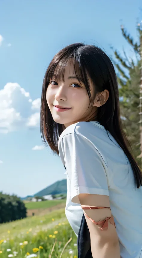 (highest quality,masterpiece:1.3,Ultra-high resolution),(Very detailed,Caustics,8k),(Realistic:1.4,RAW shooting),18-year-old,cute,Japanese,Medium black hair,(White T-shirt),(smile),Looking at the camera,blue sky,sun,Backlight,(Top of the Hill),(Tall green ...