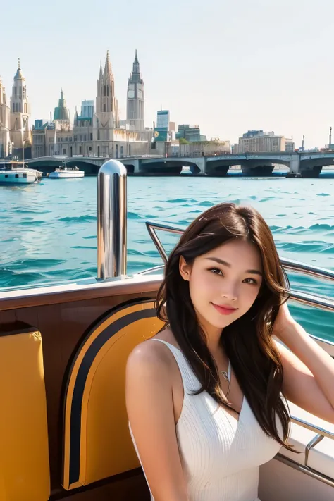 Beautiful woman sitting on boat with city background, take a boat, 