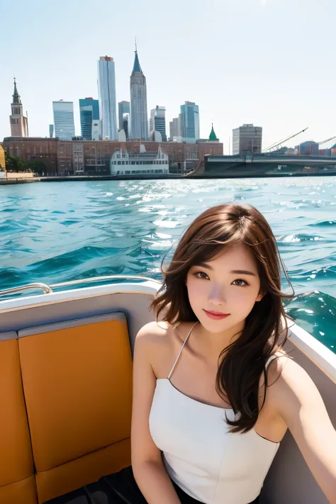 Beautiful woman sitting on boat with city background, take a boat, 