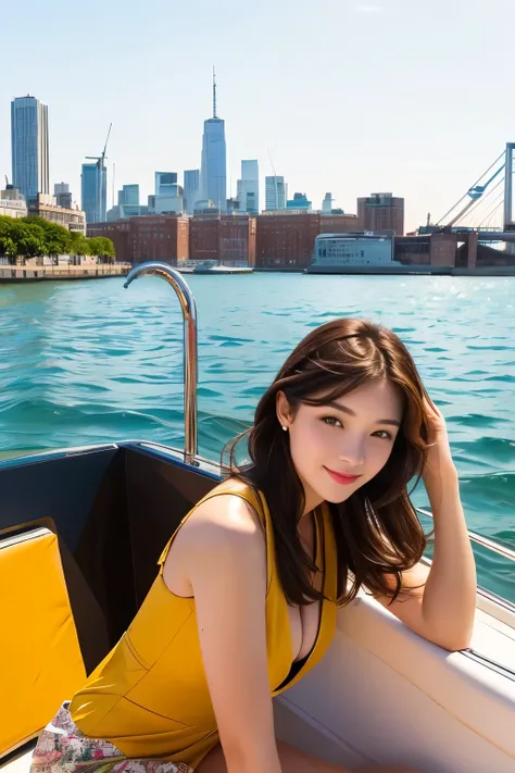 Beautiful woman sitting on a boat with the city in the background, take a boat, 