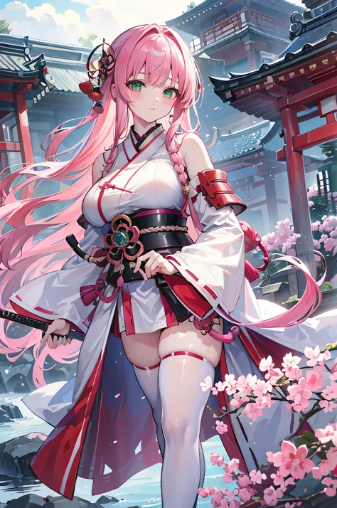 4k,High resolution,One Woman,Pink Hair,long hair,Braid,Green Eyes,Big Breasts,Shrine maiden,White Shrine maiden outfit,Detachable sleeve,White samurai armor,Full Armor,Heavy Armor,Black fishnet stockings,Jewelry decoration,Big Japan sword,Medieval village