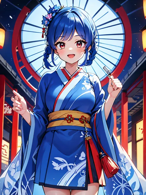 Blue HAIR,side pony tail,highest quality, Ultra-detailed 8k CG rendering, masterpiece, High resolution, Very detailed,
Samurai girl with voluptuous beauty,upper_body,
Small_breasts,
, an asian artist in a Blue japanese dress holding a Blue umbrella, 1girl,...