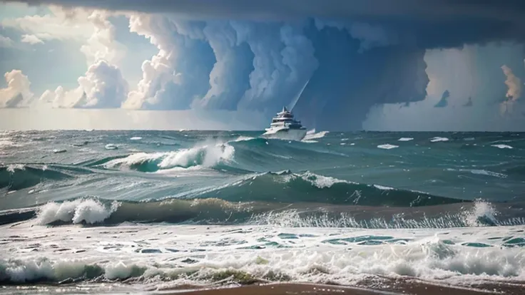 Vista de uma pessoa parada em um cais no meio do oceano, contra a tempestade, the sea and the storm behind, dramatic scene, atmosfera tempestuosa, tempestade no horizonte, mar tumultuado