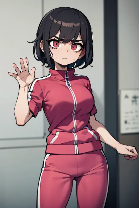 (Masterpiece, best quality: 1.2), (1 girl), ((sportswear, pink tracksuit, tired face, sweaty face, red face)), short hair, black hair, correct anatomy, perfect hands