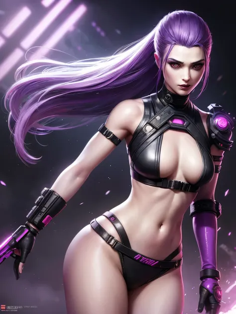 1 cyborg dog and One Thirty-Year-Old Slim Woman
Long white hair with purple highlights at the bottom half, adorned with fringes,
Black and silver armor with rose and white details,
White leather gloves on her hands,
Her face, delicate yet perfectly sexy,
B...