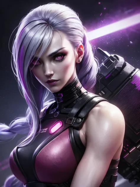 1 cyborg dog and One Thirty-Year-Old Slim Woman
Long white hair with purple highlights at the bottom half, adorned with fringes,
Black and silver armor with rose and white details,
White leather gloves on her hands,
Her face, delicate yet perfectly sexy,
B...