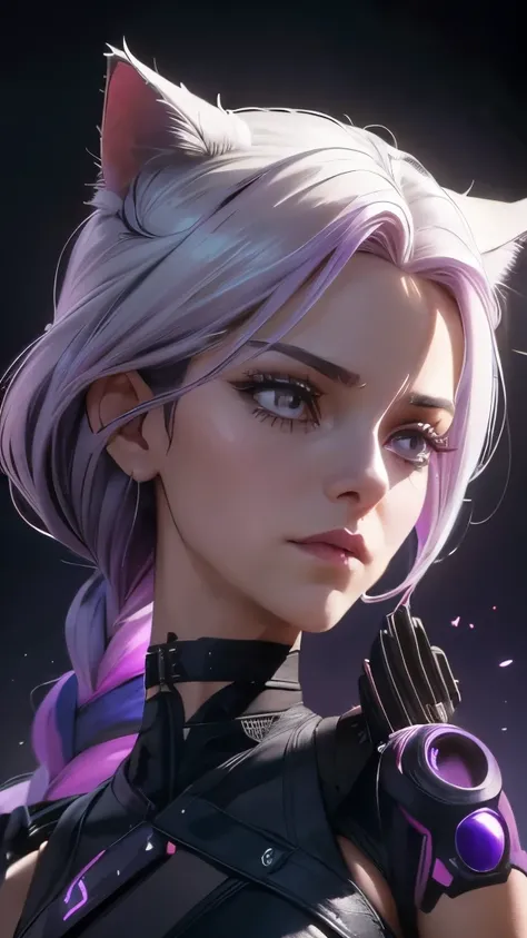 A Woman in Her 30s, Slim and Slender,
Long White Hair with Purple Highlights cascading down to the mid-back, adorned with fringes,
Black and Silver Armor with Pink and White Details, accessorized with White Leather Gloves,
Her refined and sexually appealin...