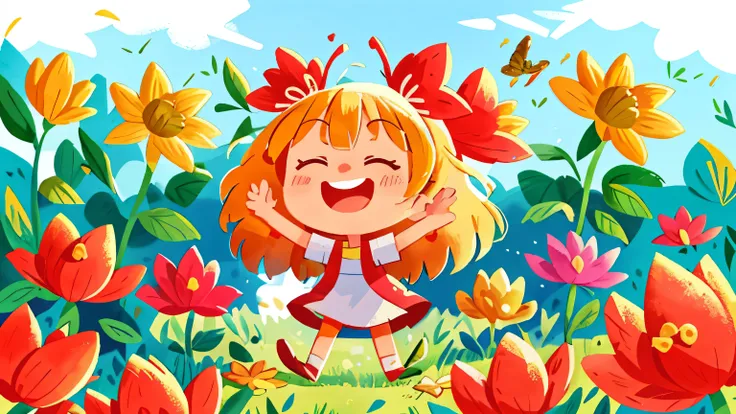 
Create an illustration of Joy in a vast, sunny field filled with vibrant, colorful flowers. The sky is a clear blue, and the bright sun shines warmly over the landscape. Butterflies of various colors flutter from flower to flower, and a gentle breeze carr...