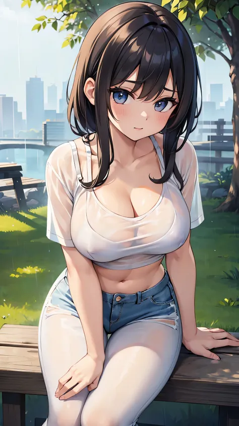 (((See-through bra))), Tight white T-shirt,Cleavage,A tight fitting white T-shirt, denim, Outdoor, Sit on a bench, rain, Very large bust,Top view