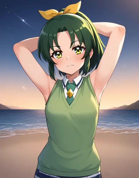 score_9, source_anime, rating_safe BREAK 2girls, couple, blush, solo, night sky, beach, 
midorikawa nao, green hair, green eyes, ponytail, hair ribbon, nanairogaoka middle , green necktie, green sweater vest, arm behind head, hand on hip, contrapposto, spr...