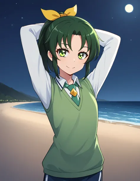 score_9, source_anime, rating_safe BREAK 1girl, solo
midorikawa nao, green hair, green eyes, ponytail, hair ribbon, nanairogaoka middle , green necktie, green sweater vest, (cowboy shot:1.5), solo, night sky, beach, arms behind head, contrapposto, spread a...