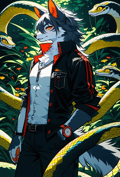 e621(best quality, high resolution, ultra-detailed)silhouett(kemono, furry anthro)holding striking pocket watch, surrounded by flowers, snakes and darkness, illustrative rendering, intricate details, mysterious atmosphere, vibrant colors, dynamic lighting ...