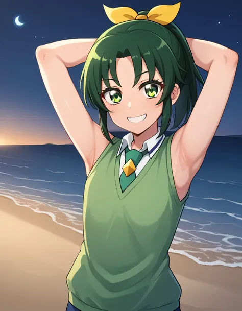 score_9, source_anime, rating_safe BREAK 1girl, solo
midorikawa nao, green hair, green eyes, ponytail, hair ribbon, nanairogaoka middle , green necktie, green sweater vest, (cowboy shot:1.5), solo, night sky, beach, arms behind head, contrapposto, spread a...