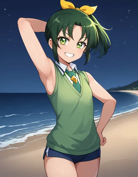score_9, source_anime, rating_safe BREAK 1girl, solo
midorikawa nao, green hair, green eyes, ponytail, hair ribbon, nanairogaoka middle , green necktie, green sweater vest, (cowboy shot:1.5), solo, night sky, beach, arm behind head, hand on hip, contrappos...
