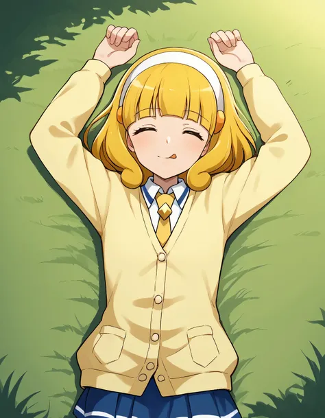 score_9, source_anime, rating_safe BREAK 1girl, solo
kise yayoi, yellow hair, yellow eyes, white hairband, hair ornament, medium hair, nanairogaoka middle , yellow necktie, yellow cardigan, (cowboy shot:1.5), solo, lying, on back, on grass, arms up, spread...