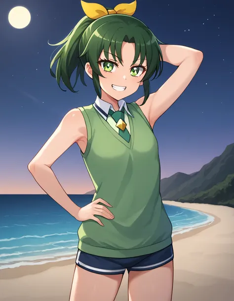 score_9, source_anime, rating_safe BREAK 1girl, solo
midorikawa nao, green hair, green eyes, ponytail, hair ribbon, nanairogaoka middle , green necktie, green sweater vest, (cowboy shot:1.5), solo, night sky, beach, arm behind head, hand on hip, contrappos...