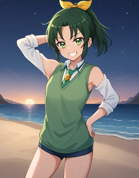 score_9, source_anime, rating_safe BREAK 1girl, solo
midorikawa nao, green hair, green eyes, ponytail, hair ribbon, nanairogaoka middle , green necktie, green sweater vest, (cowboy shot:1.5), solo, night sky, beach, arm behind head, hand on hip, contrappos...