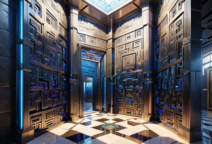 (best quality, 4k, 8k, highres, masterpiece:1.2), ultra-detailed, (realistic, photorealistic, photo-realistic:1.37), HDR, square pillar with a bismuth blue lead finish, square dividers evenly spaced within the frame, horizontal arrangement of the elements,...