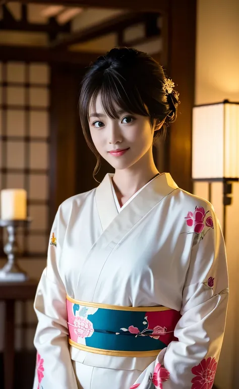 ((Perfect anatomy with detailed depictions and no extra limbs)) ,masterpiece,Ulzan 6500,(Realistic photo),A formal photoshoot in a Japanese-style room at a traditional Japanese inn at night,A green kimono with lustrous embroidery,(((Warm lighting with cand...