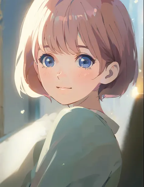 Ichika nakano, blue eyes,, very short pink silky hair, pixie cut, higher quality, soft vivid colour, sweet face, smile, cute face,lovely face, living room, sitting on the couch, fairy core, lovely, splendid, delicacy, pearly dim light, 4k, extremely detail...