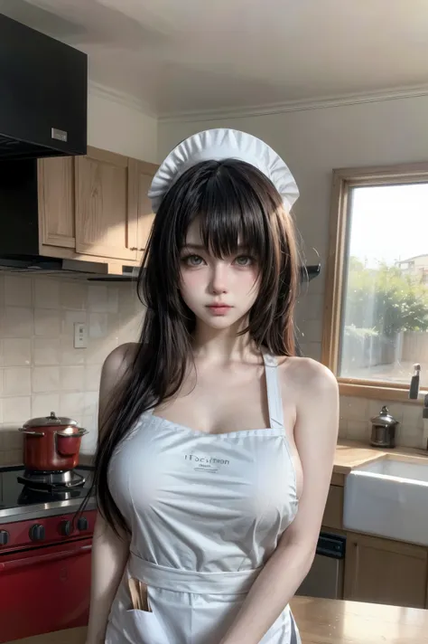 a woman is cooking, ((( anne hathaway: selena gomez:0.7))) , (((wearing _kitchen_apron:1.3))) ,very sexy, ((( big breasts 1.7)))...