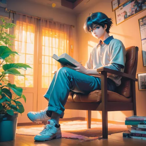 there is a man sitting on a chair with a book, 90s anime style, retro anime aesthetic, 3d anime image, 90s anime style, 90s anim...