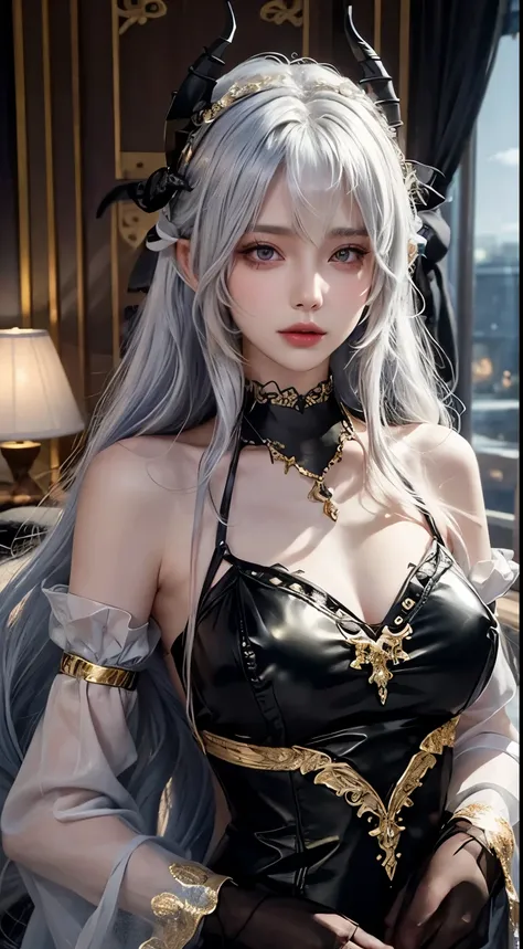 Genre: Ultra-realistic, high-definition fantasy portrait.
Character: A stunning female character with long, flowing white hair, wearing a sleek, black leather outfit with intricate gold accents. She has a captivating, serious expression, large, expressive ...