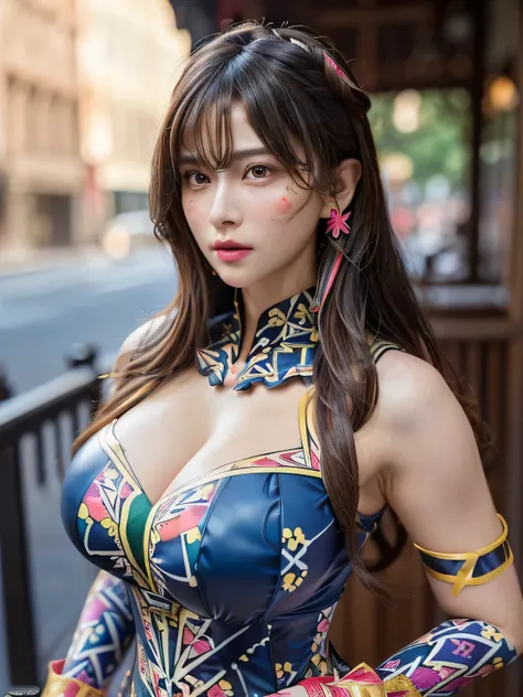 (Big Tits 1.8),(Bust Up 1.6),((highest quality)),(Ultra-high resolution),(Very detailed),(Detailed Description),((The best CG)),(A masterpiece), (1 female:1.6),(Beautiful and well-proportioned face:1.6),(Colorful patterned costume:1.6),Accurate and detaile...