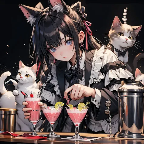 Cat with ribbon、bartender、Shake the cocktail shaker、cool、suit、Visual Kei