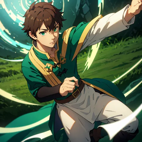 A young man wearing fantasy uniform white shirt, green cape, black pants, black boots, brown hair, green eyes, mischievous face, in a fantasy forest, bokeh effect, stereogram, tachi- e, atmospheric point of view, high detail, luminism, hyperrealism, bright...