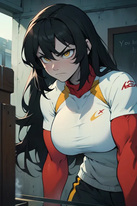 athletic build massive breasts pale skin black hair yellow eyes sad frown long hair