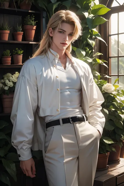 ((Best quality)), ((masterpiece)), (detailed), ((perfect face)), ((halfbody)) perfect proporcions,He is a handsome angel, 18 years old, long golden hair, he has white wings, He wears silver armor, he has honey-colored eyes, He is inside a greenhouse with w...