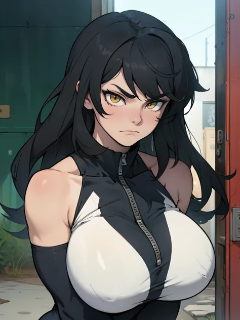 athletic build massive breasts pale skin black hair yellow eyes sad frown long hair