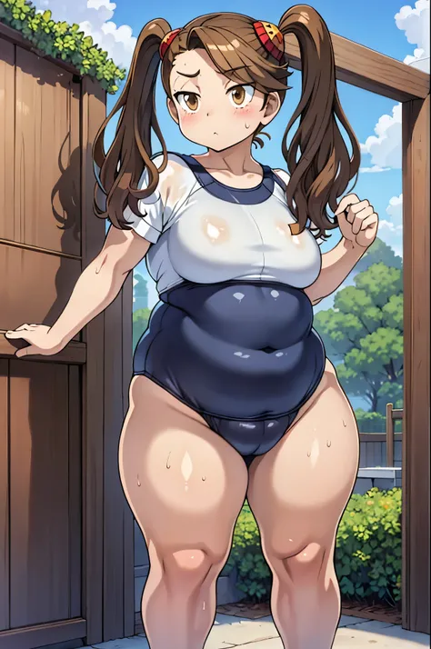 A girl wearing a school swimsuit((From before)),Brown Hair,Light brown eyes,pigtails,BIG Boned,On the ground,steam,vapor,tall,Sweat,Being outside,weather((Clear skies)),Beautiful curves,Mid-length hair