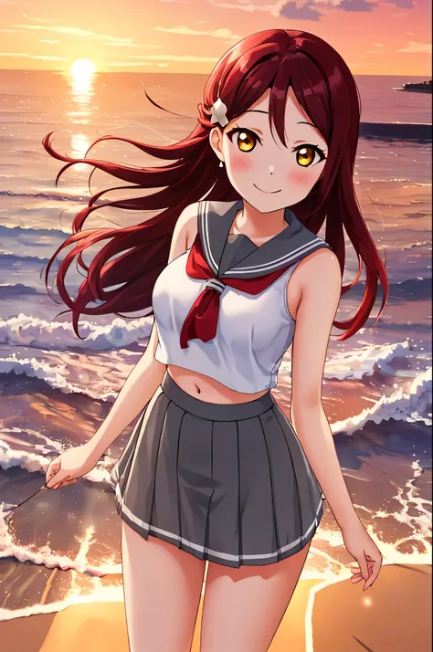 masterpiece,best quality,solo, cowboy shot,sakurauchi riko, long hair, blush, love scene, skirt, sleeveless, pleated skirt, stan...