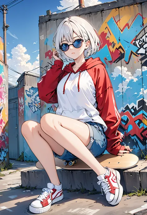 hd,8k,1 girl,short hair,sitting,1 pair of sunglasses,hoodie,colored hoodie,denim shorts,sneakers,skateboard,human focus,outdoor,...