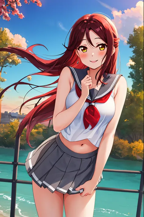 masterpiece,best quality,solo, cowboy shot,sakurauchi riko, long hair, blush, love scene, skirt, sleeveless, pleated skirt, stan...