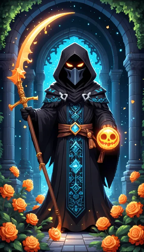 Bright epic professional (cute cartoon pixel illustration:1.2), (masterpiece in maximum 16K resolution, superb quality, ultra detailed:1.3), grip reaper holding a long (decorative scythe:1.2) with (light blue magic orbs), (floating orange petals), standing...