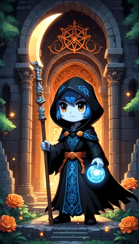 Bright epic professional (cute cartoon pixel illustration:1.2), (masterpiece in maximum 16K resolution, superb quality, ultra detailed:1.3), grip reaper holding a long (decorative scythe:1.2) with (light blue magic orbs), (floating orange petals), standing...