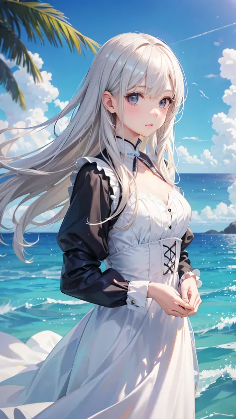 highest quality、Realistic、female、zoom、cute、Gray Eyes、Platinum Blonde Hair、long hair、 Dresses、Ocean、blue sky、