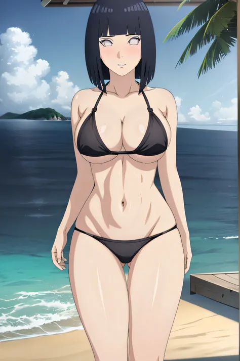 masterpiece, absurdres , (intricate details), (colorful),cinematic lighting,extremely detailed CG unity 8k wallpaper ,hinata(boruto), 1girl, solo, beach, ocean, island, outdoors, bright sky, sunny, clear sky, blush, black bikini, two piece bikini, thong pa...