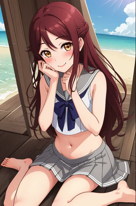 masterpiece, best quality,solo,sakurauchi riko, long hair, blush, smile, skirt, sitting, sleeveless, pleated skirt, sitting,wari...