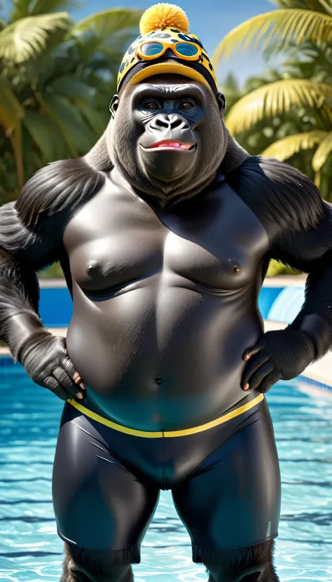 photorealistic portrait of Dressed animals - a (fat) gorilla swimmer,(hands on hips:1.5),(happy smile),(furry), high quality,(lovely) ,intricate details, highly detailed (Competitive black swimsuit), swimming cap and goggles, pool background, (happy), perf...