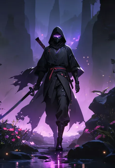 A ninja wearing a black uniform, black hood, black cape, black pants, black boots, with a dark purple aura, dark purple glowing eyes, wearing a black mask and a black bracelet, in a foggy valley,full body. shadow, flower, UHD, masterpiece, accurate, anatom...