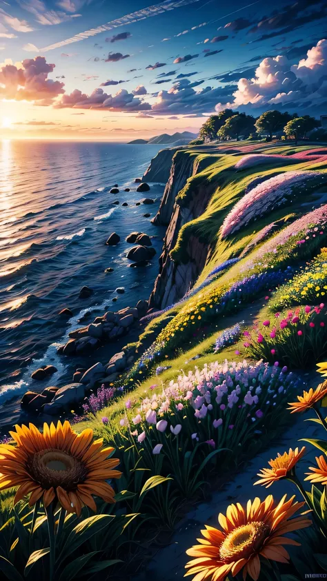 A sea of flowers，sunrise，HD，meticulous。